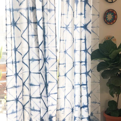 Indigo Diamond Hand Tie Dye Semi Sheer Curtains-Curtains-House of Ekam