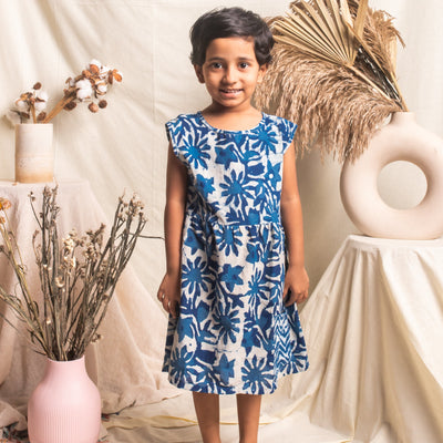 Indigo Floral Blockprint Girls Dress-Kidswear-House of Ekam