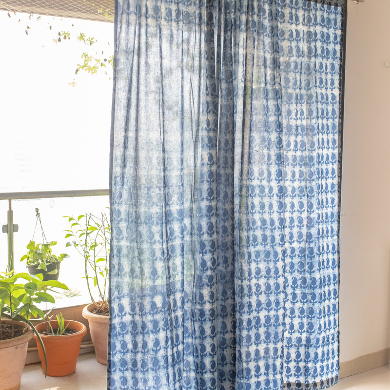 Indigo Paisley Print Semi Sheer Curtain-Curtains-House of Ekam