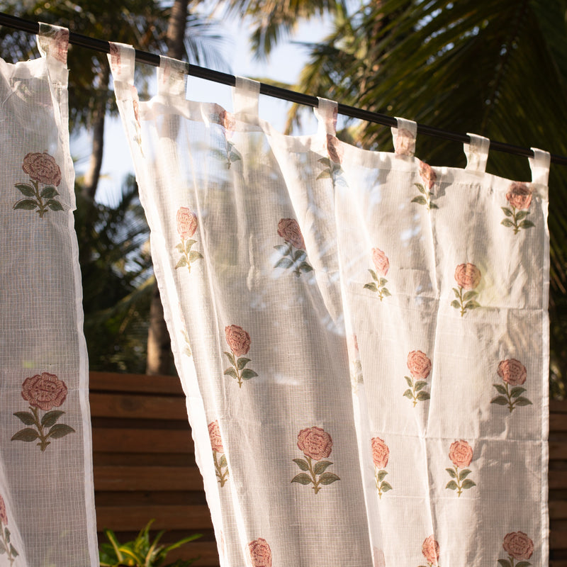 Kota Doria Rose Blockprint Sheer Curtain-Curtains-House of Ekam