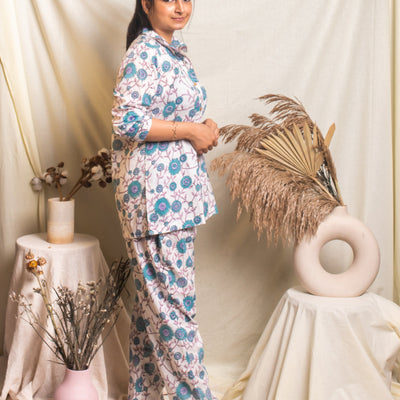 Lavender Bouquet Blockprinted Loungewear Pyjama Set-loungewear-House of Ekam