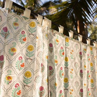 Mihrab Multi Buti Blockprint Cotton Slub Curtain-Curtains-House of Ekam
