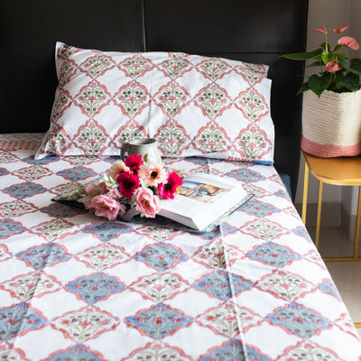 Mughal Floral Jaal Double Bed Bedsheet-Bedsheets-House of Ekam