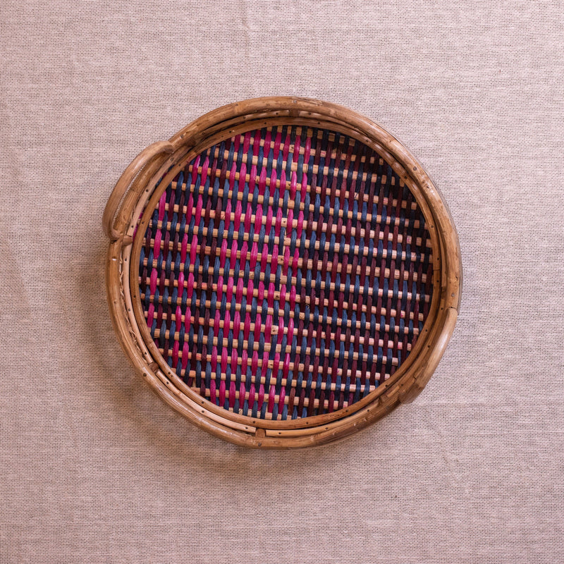 Multicolor Rattan Round Serving Tray with Handle-Tray-House of Ekam