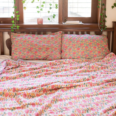 Multicolor Spring Floral Double Bed Dohar-Quilt Set-House of Ekam