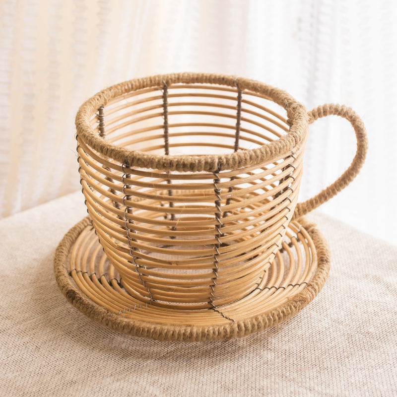 Multipurpose Beige Tea Cup Rattan Planter-Planter-House of Ekam