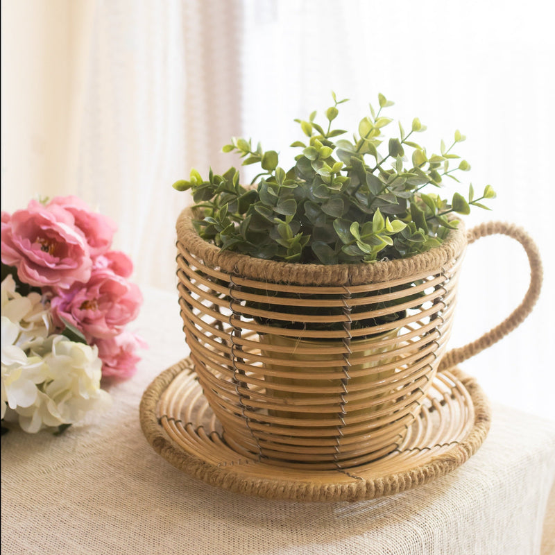 Multipurpose Beige Tea Cup Rattan Planter-Planter-House of Ekam