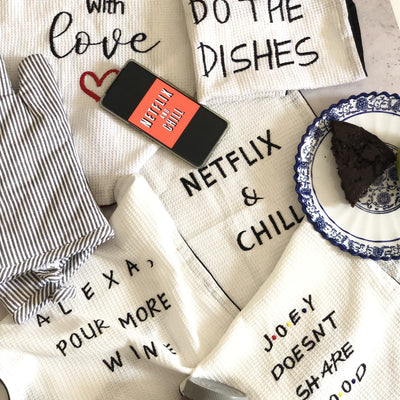 Netflix and Chill Embroidered Cotton Tea Towel-Tea Towels-House of Ekam
