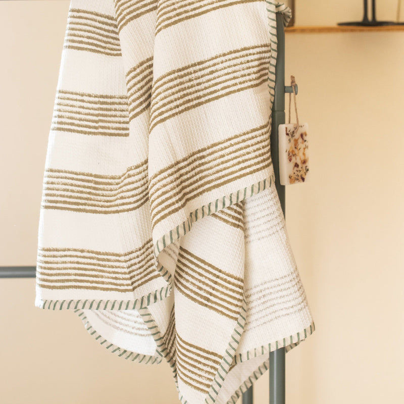 Olive and Black Stripe Bath Towel-bath towels-House of Ekam