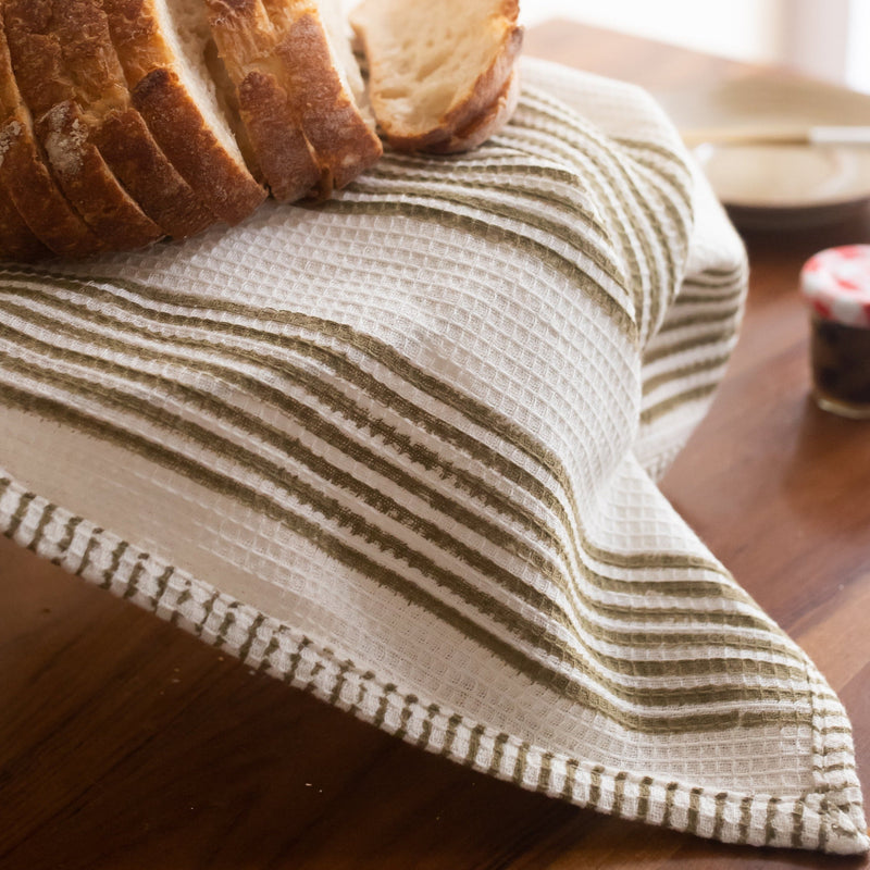 Olive and Black Stripe Blockprint Tea Towel-Tea Towels-House of Ekam