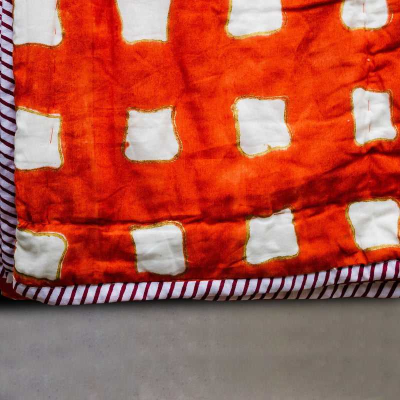 Orange Abstract Double Bed Jaipuri Reversible Quilt Set-Quilt Set-House of Ekam