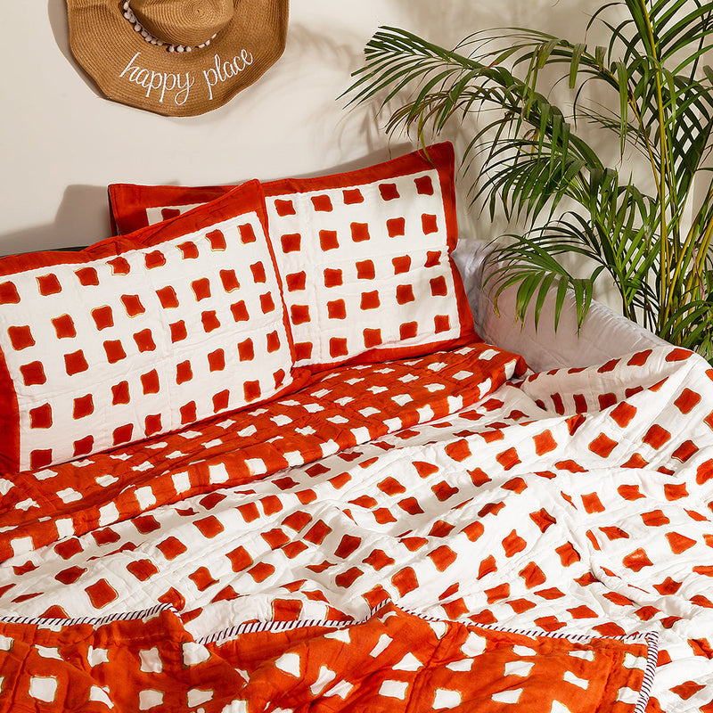 Orange Abstract Double Bed Jaipuri Reversible Quilt Set-Quilt Set-House of Ekam