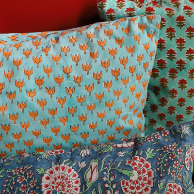 Orange Aqua Lotus Print Cushion Cover-Cushion Covers-House of Ekam