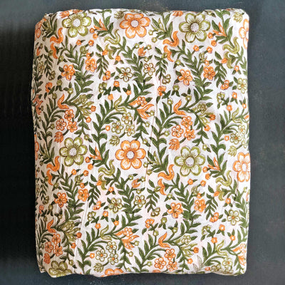 Orange & Green Madhumalti Blockprint Cotton Fabric (min. 2m)-fabric-House of Ekam