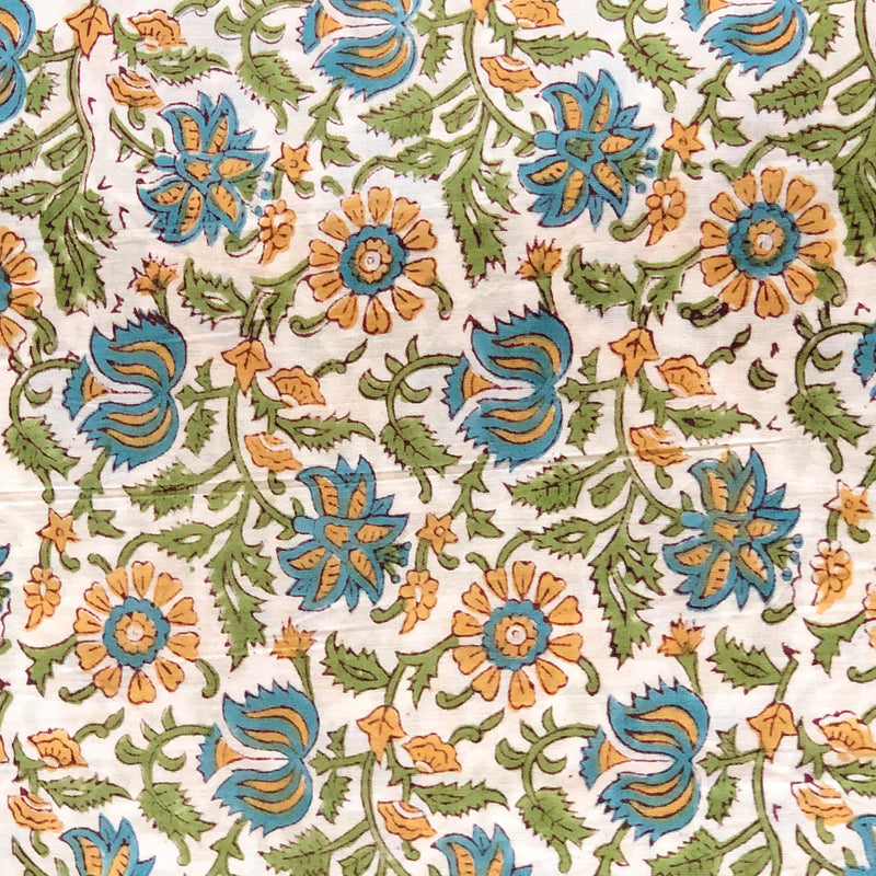 Orange Marigold Floral Jaal Blockprint Cotton Fabric (min. 2m)-fabric-House of Ekam