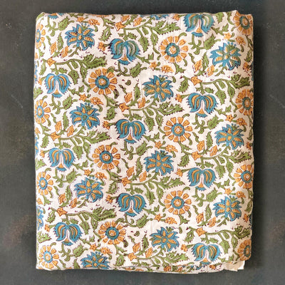 Orange Marigold Floral Jaal Blockprint Cotton Fabric (min. 2m)-fabric-House of Ekam