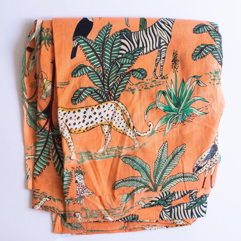 Orange Tropical Safari Hand Screenprinted Cotton Fabric (min. 2m)-fabric-House of Ekam