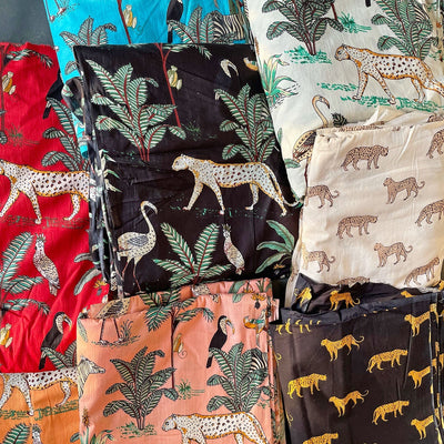 Orange Tropical Safari Hand Screenprinted Cotton Fabric (min. 2m)-fabric-House of Ekam
