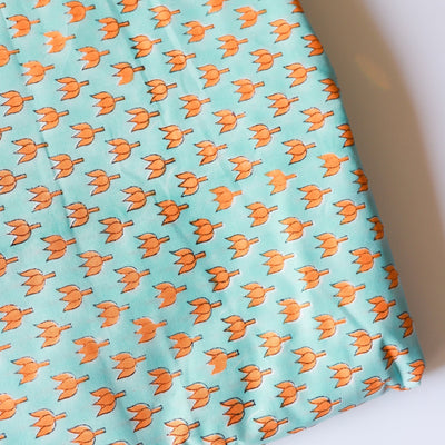 Orange and Aqua Lotus Blockprint Cotton Fabric (min. 2m)-fabric-House of Ekam