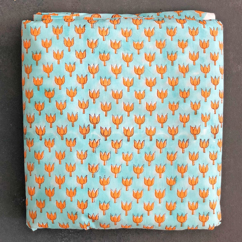 Orange and Aqua Lotus Blockprint Cotton Fabric (min. 2m)-fabric-House of Ekam