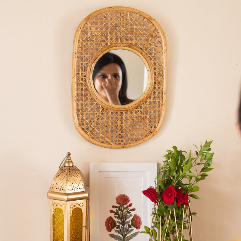 Oval Cane Mesh Mirror-Mirrors-House of Ekam