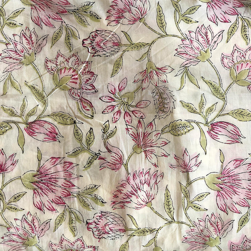Pastel Floral Jaal Blockprint Cotton Fabric (min. 2m)-fabric-House of Ekam