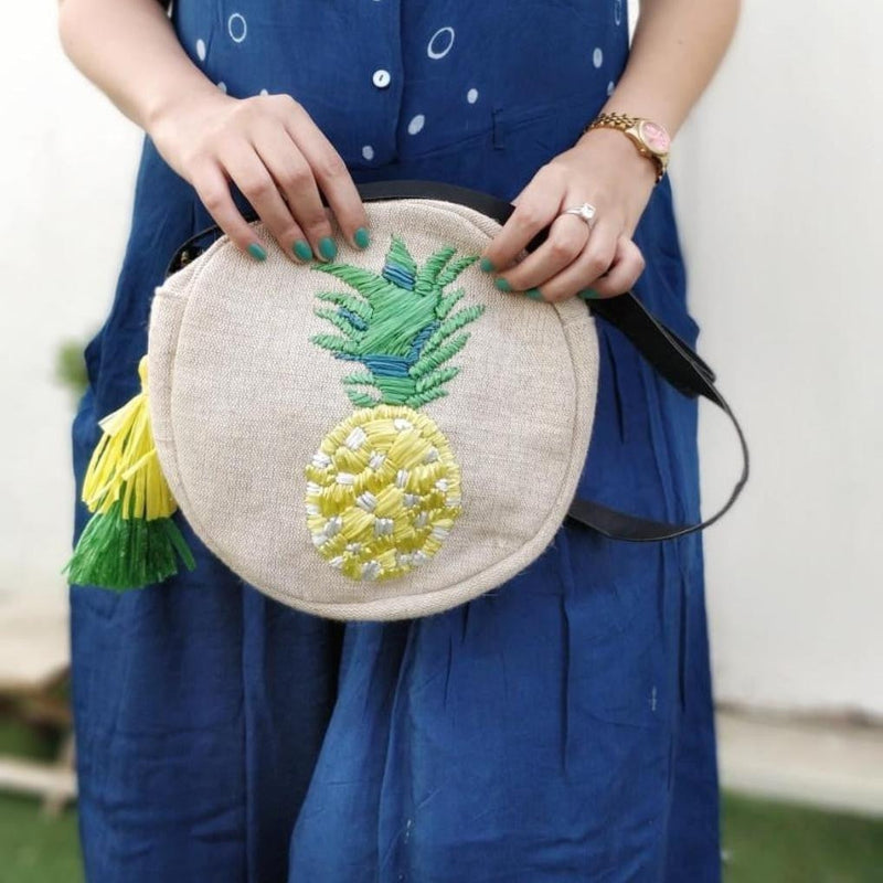 Pineapple Raffia Embroidered Cross Body Bag-Bags-House of Ekam