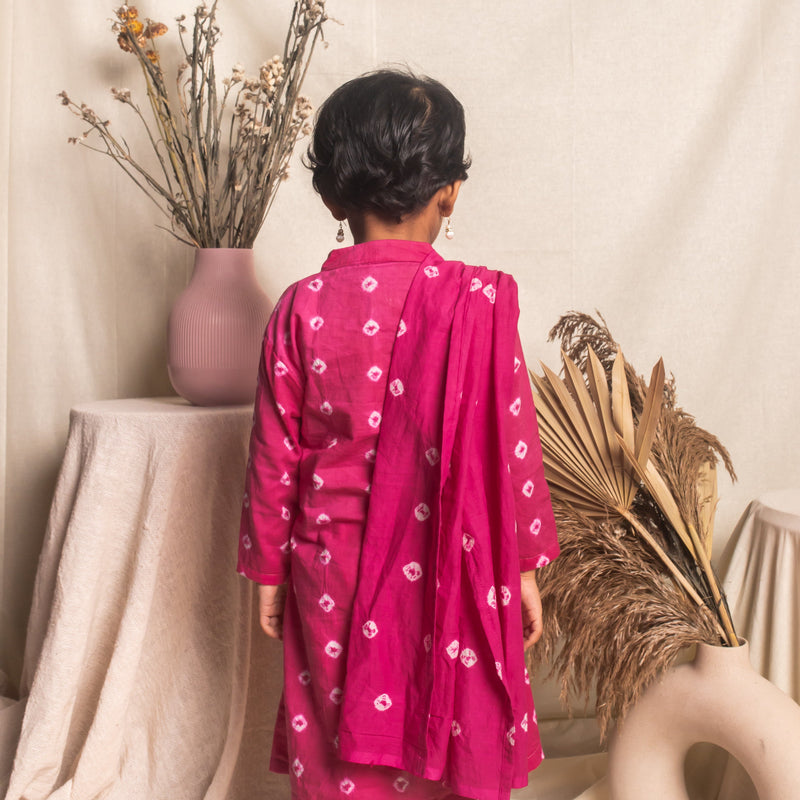 Pink Bandhani Suit Set with Dupatta-Kidswear-House of Ekam