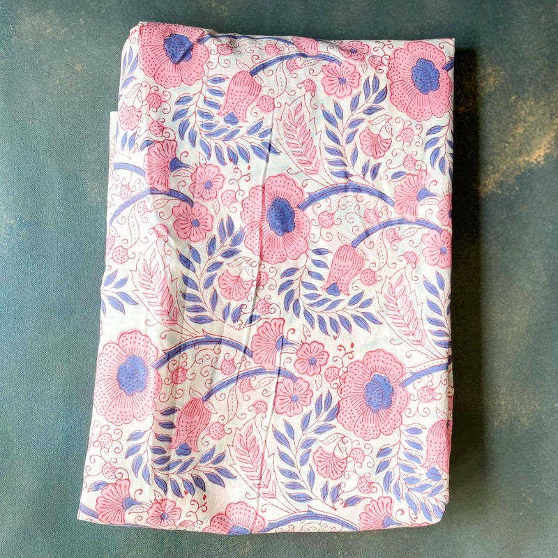 Pink Candy Flowers Blockprint Cotton Fabric-fabric-House of Ekam