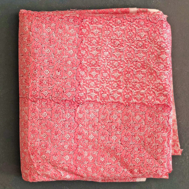 Pink Floral Jaal Blockprint Cotton Fabric (min. 2m)-fabric-House of Ekam