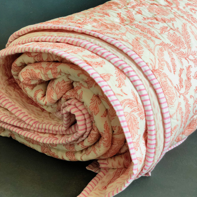 Pink Floral Reversible Double Bed Reversible Quilt - Limited Edition-Quilt Set-House of Ekam