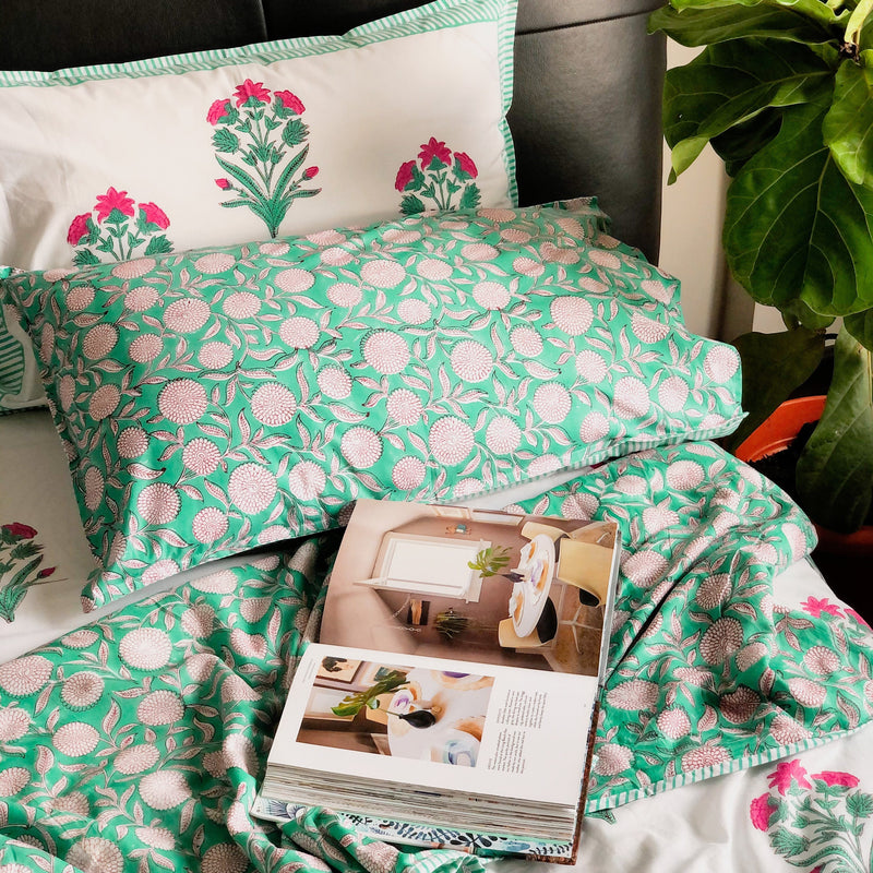 Pink & Green Reversible Dohar-Quilt set-House of Ekam