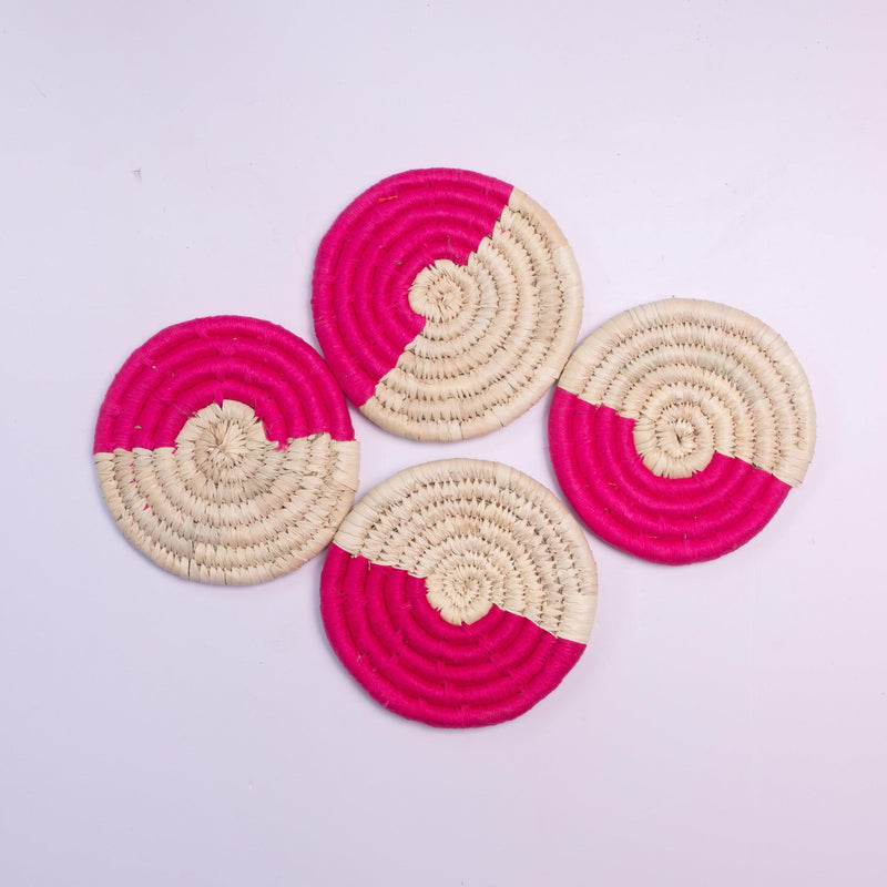 Pink Half & Half Sabai Coaster Set of 4-Coasters-House of Ekam