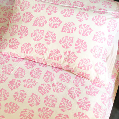 Pink Monstera Double Bed Bedsheet-Bedsheets-House of Ekam