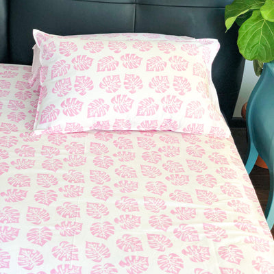 Pink Monstera Double Bed Bedsheet-Bedsheets-House of Ekam