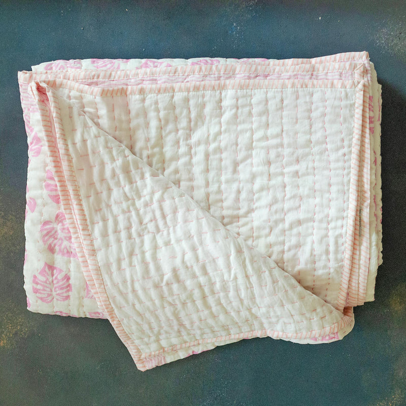 Pink Monstera Handmade Kantha Bedcover/Dohar-Quilt Set-House of Ekam