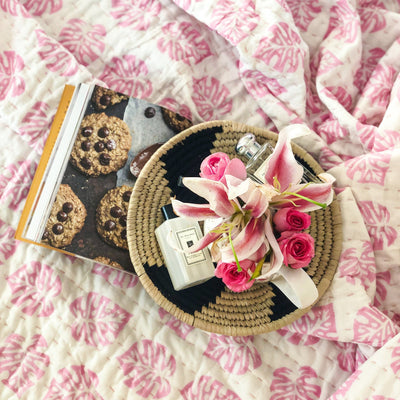 Pink Monstera Handmade Kantha Bedcover/Dohar-Quilt Set-House of Ekam