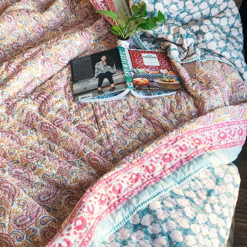 Pink Paisley Double Bed Jaipuri Reversible Quilt-Quilt Set-House of Ekam