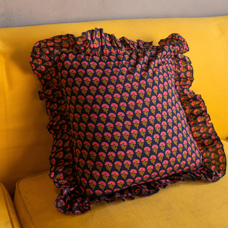 Pink & Red Spring Ruffle Blockprint Print Cushion Cover-Cushion Covers-House of Ekam