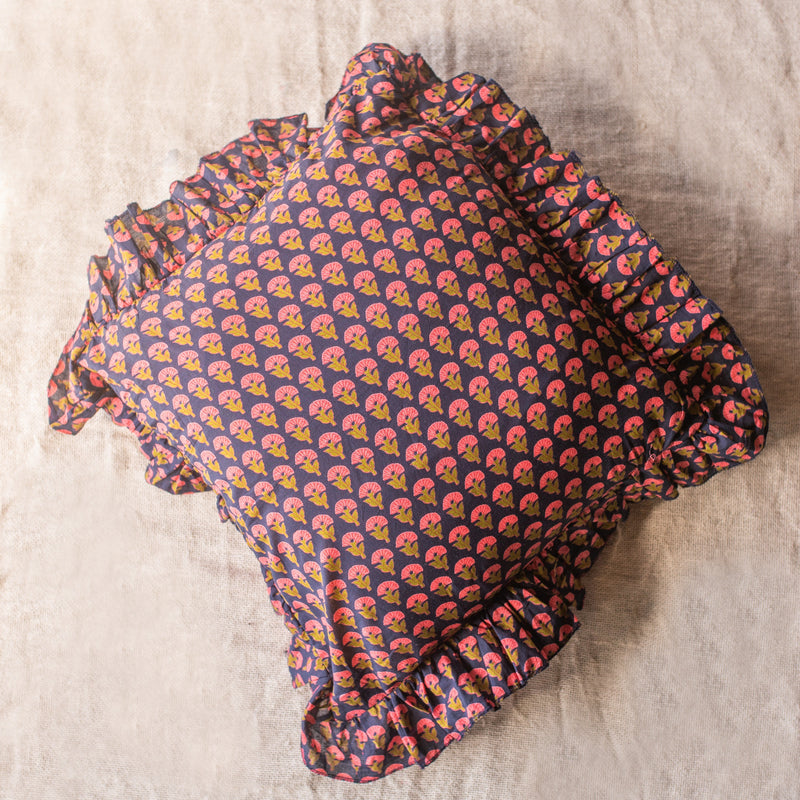 Pink & Red Spring Ruffle Blockprint Print Cushion Cover-Cushion Covers-House of Ekam
