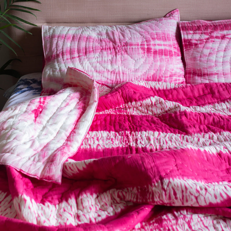 Pink Shibori Reversible Quilt Set-Quilt Set-House of Ekam