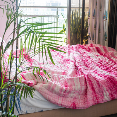 Pink Shibori Reversible Quilt Set-Quilt Set-House of Ekam