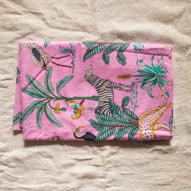 Pink Tropical Safari Hand Screenprinted Cotton Fabric-fabric-House of Ekam
