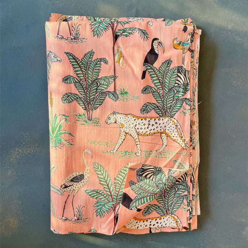 Peach Tropical Safari Hand Screenprinted Cotton Fabric (min. 2m)-fabric-House of Ekam