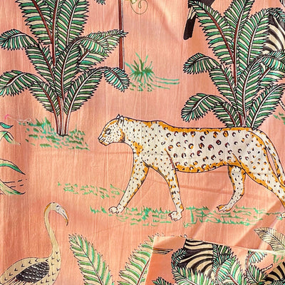 Peach Tropical Safari Hand Screenprinted Cotton Fabric (min. 2m)-fabric-House of Ekam