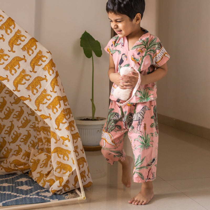 Pink Tropical Safari Screenprint Boys Nightsuit Set-Kidswear-House of Ekam