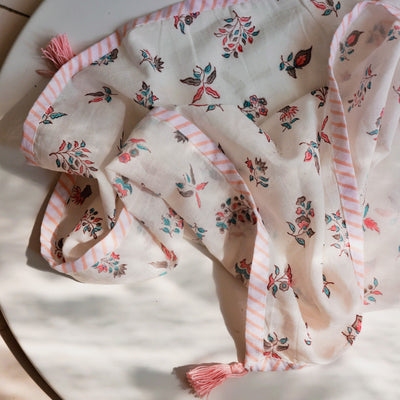 Pink & White Floral Blockprint Cotton Tea Towel cum Dinner Napkin-Tea Towels-House of Ekam