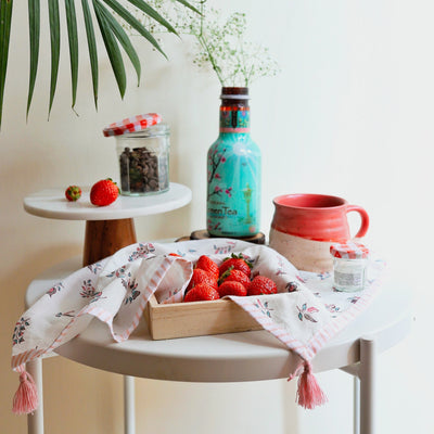 Pink & White Floral Blockprint Cotton Tea Towel cum Dinner Napkin-Tea Towels-House of Ekam