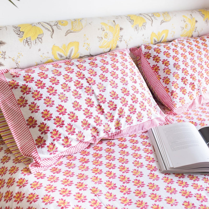 Pink & Yellow Floral Double Bed Bedsheet-Bedsheets-House of Ekam