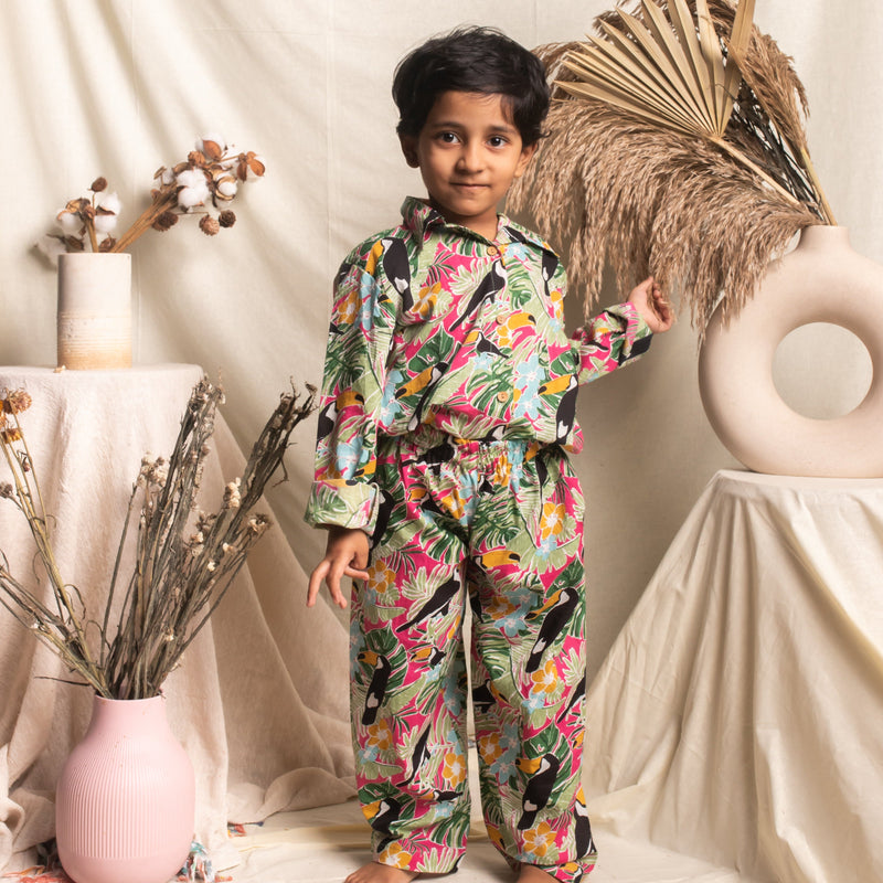 Pink and Black Toucan Screenprint Nightsuit Set-Kidswear-House of Ekam